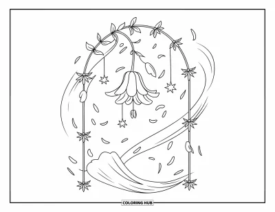 Desenho de flores para colorir para adultos: Uma campânula pendurada em uma trepadeira, com redemoinho de pétalas e estrelas dando um toque mágico