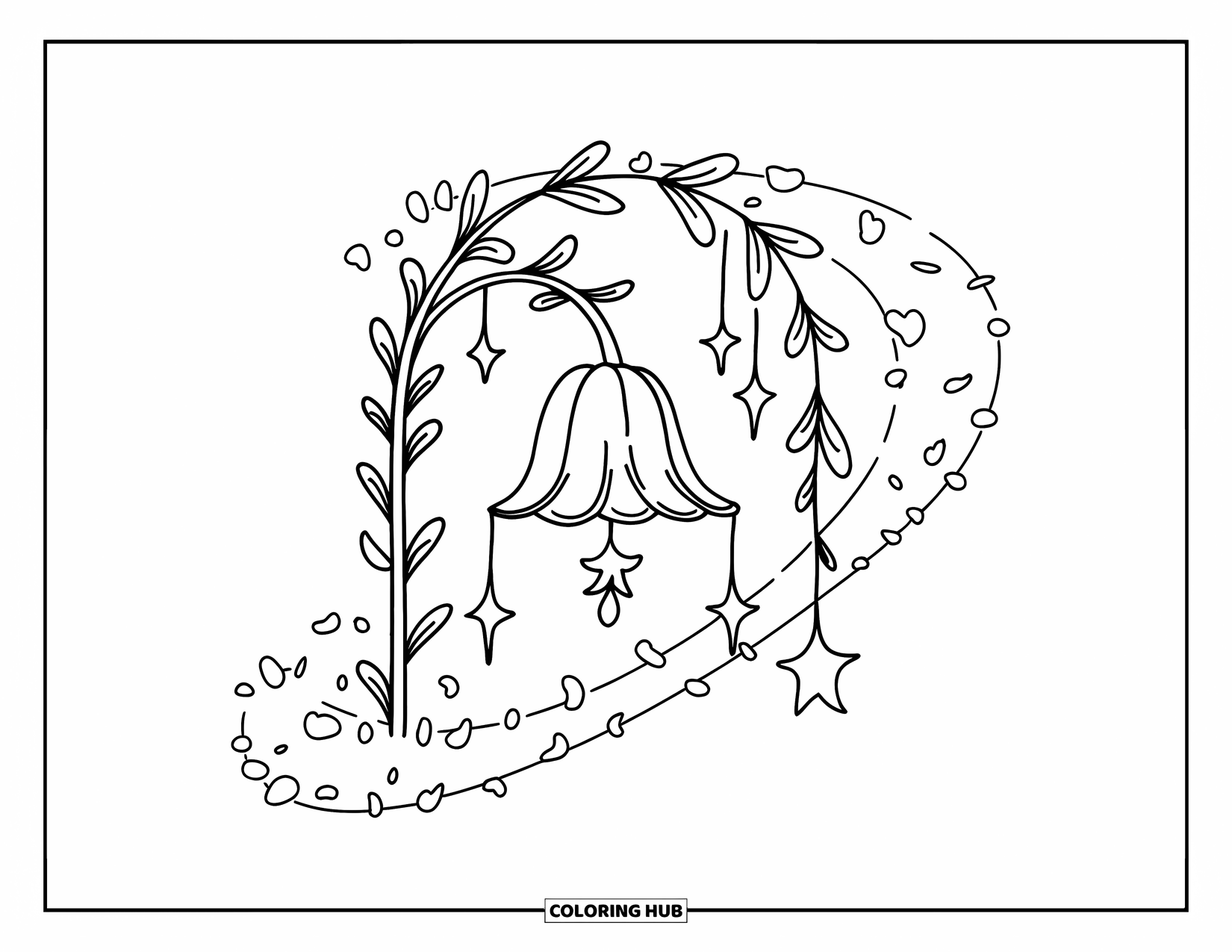 Blumen Ausmalbild für Erwachsene: Eine Glockenblume mit weichen, geschwungenen Blütenblättern hängt an einer Ranke, mit winzigen Sternen, die um sie herum funkeln