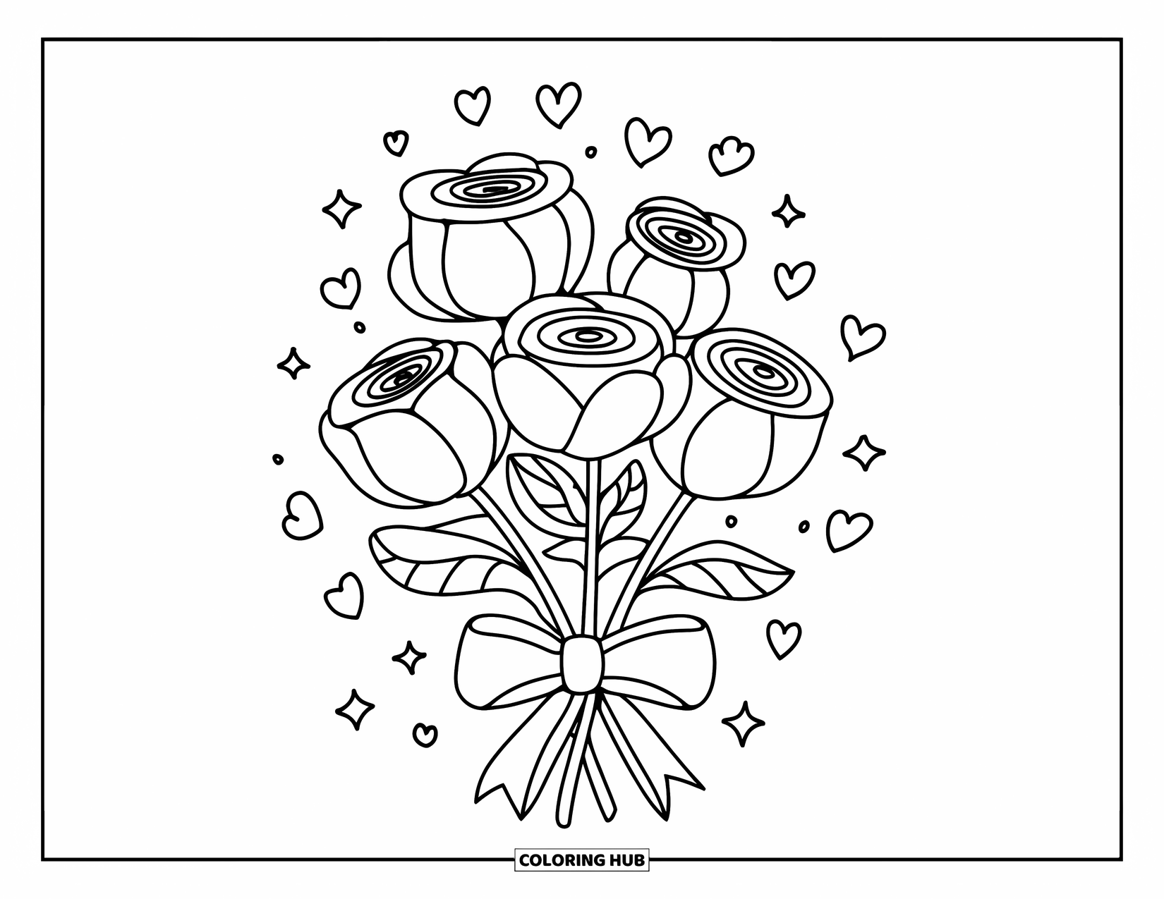 Blumen Ausmalbild für Erwachsene: Ein Strauß molliger Rosen, umwickelt mit einer Schleife, umgeben von winzigen Herzen und schwebenden Sternen