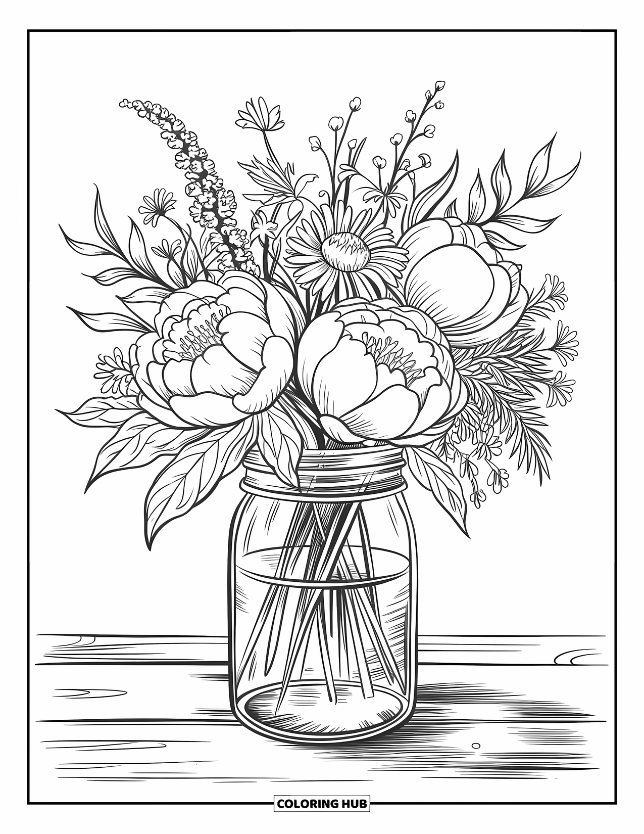 Blumen Ausmalbild für Erwachsene: Ein Strauß Pfingstrosen und Wildblumen, arrangiert in einem Glas, der auf einer Holzoberfläche ruht