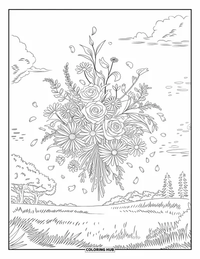 Desenho de flores para colorir para adultos: Um buquê de rosas, margaridas e lírios flutua no ar com pétalas caindo suavemente