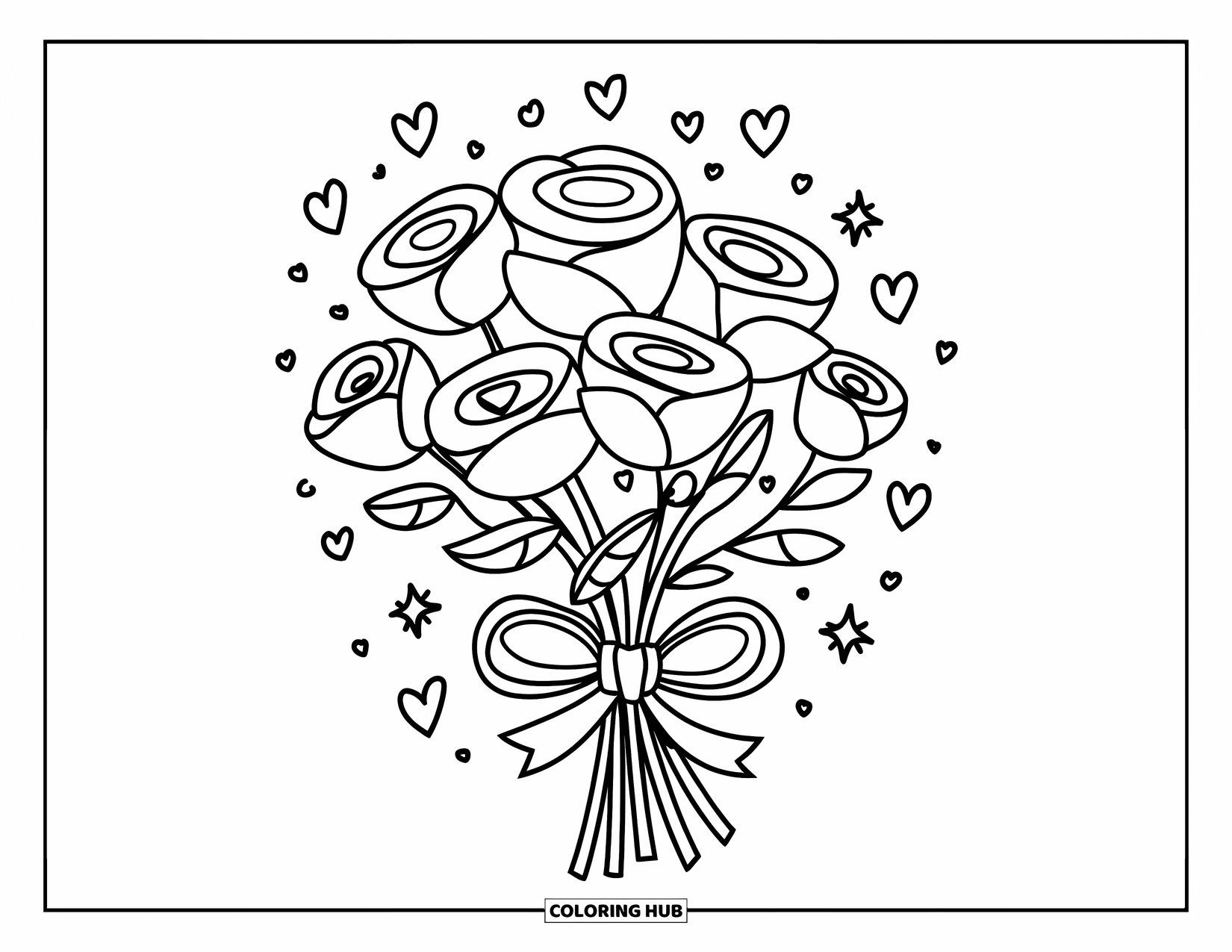 Blumen Ausmalbild für Erwachsene: Ein Strauß weicher, abgerundeter Rosen, zusammengebunden mit einer Schleife, mit winzigen Herzen und Sternen, die die Szene füllen