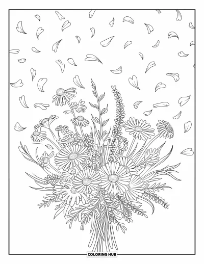 Desenho de flores para colorir para adultos: Um buquê de flores silvestres em um vaso, com pétalas delicadas flutuando no ar