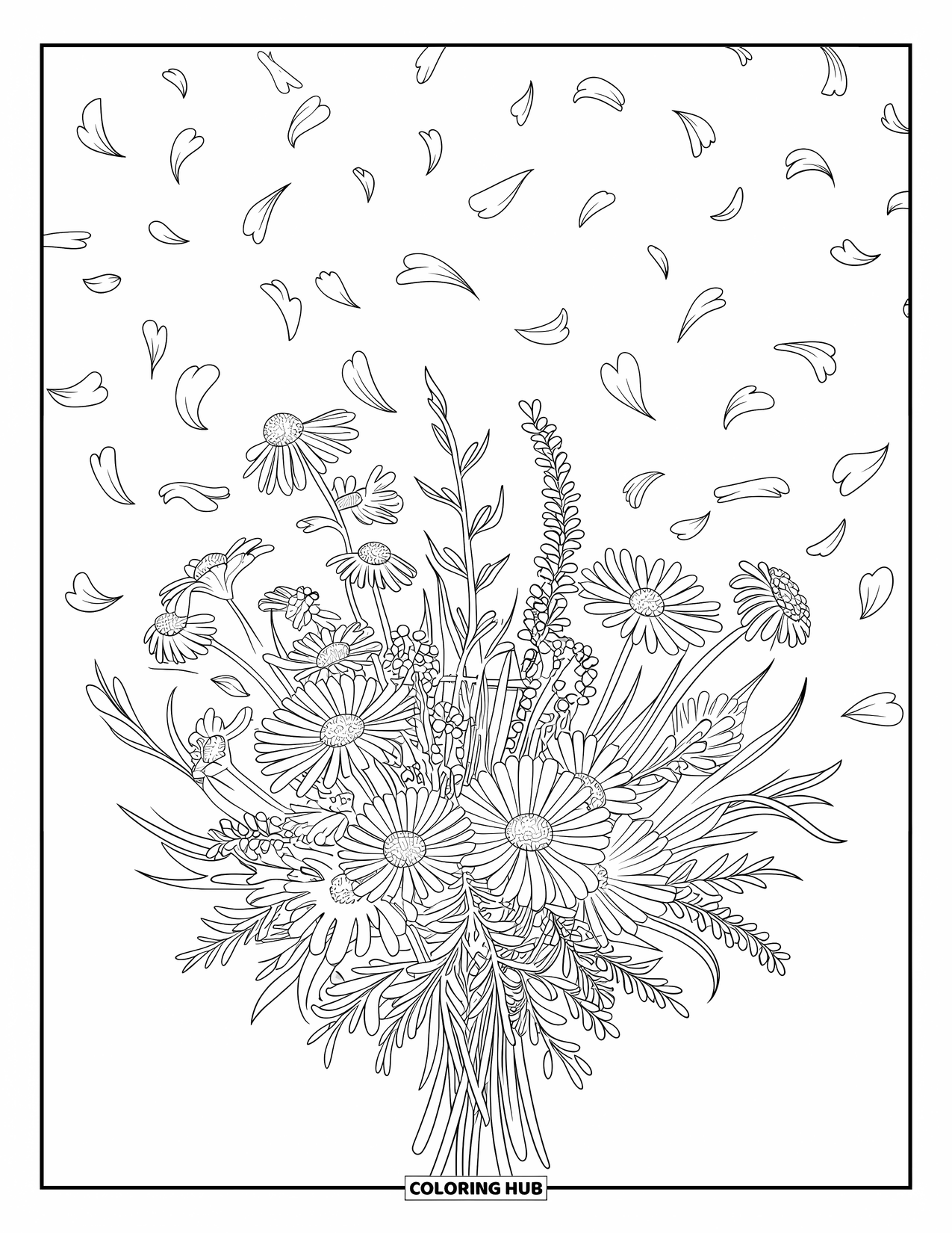 Blumen Ausmalbild für Erwachsene: Ein Strauß Wildblumen, arrangiert in einer Vase, mit zarten Blütenblättern, die in der Luft treiben