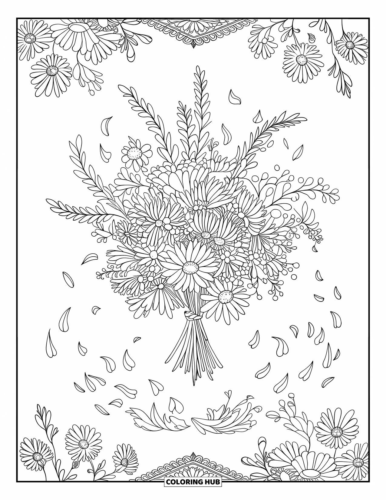 Blumen Ausmalbild für Erwachsene: Ein Strauß Wildblumen schwebt in der Luft, mit Blütenblättern, die sanft um ihn herumfallen