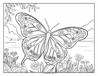 Desenho de flores para colorir para adultos: Uma borboleta com asas florais detalhadas pousa em um galho em jardim com vista para lago calmo