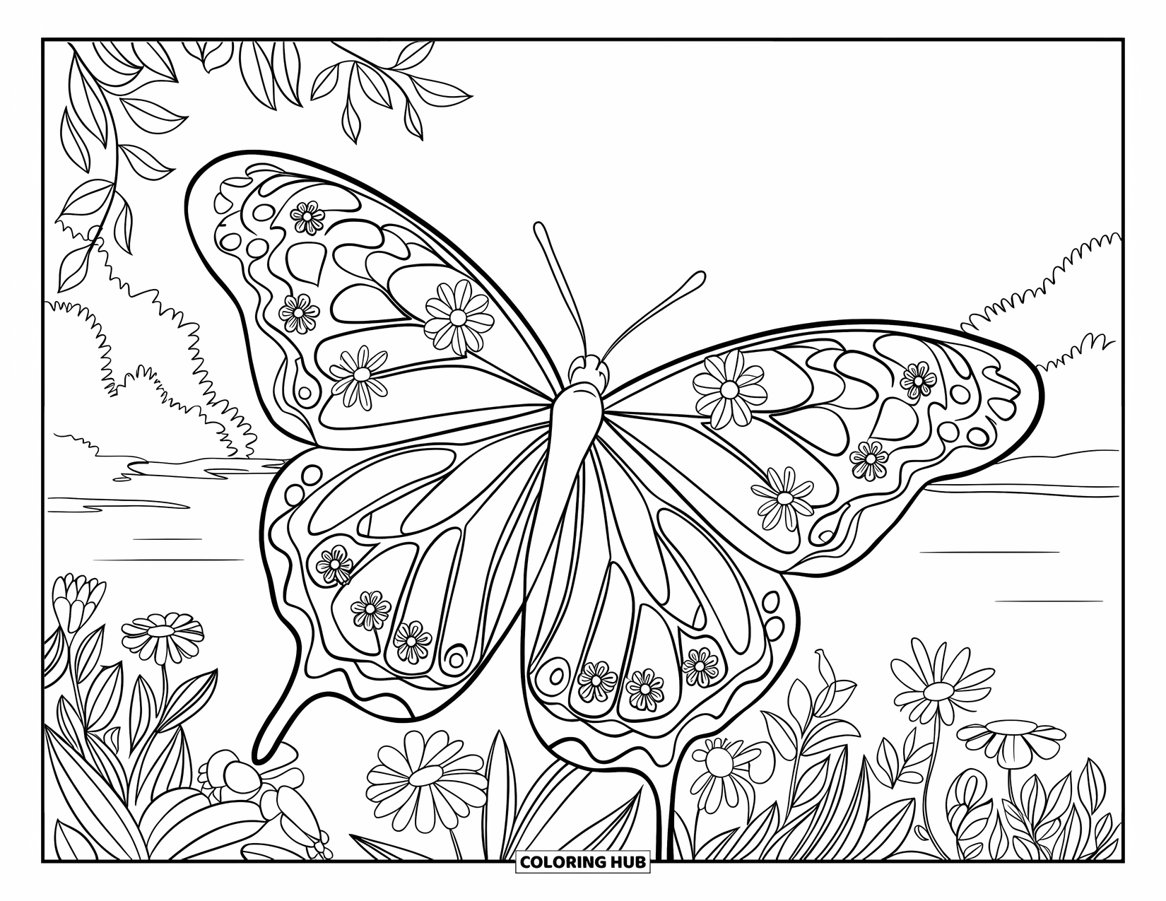 Blumen Ausmalbild für Erwachsene: Ein Schmetterling mit detaillierten floralen Flügeln sitzt auf einem Zweig in einem Garten mit einem ruhigen Seeblick