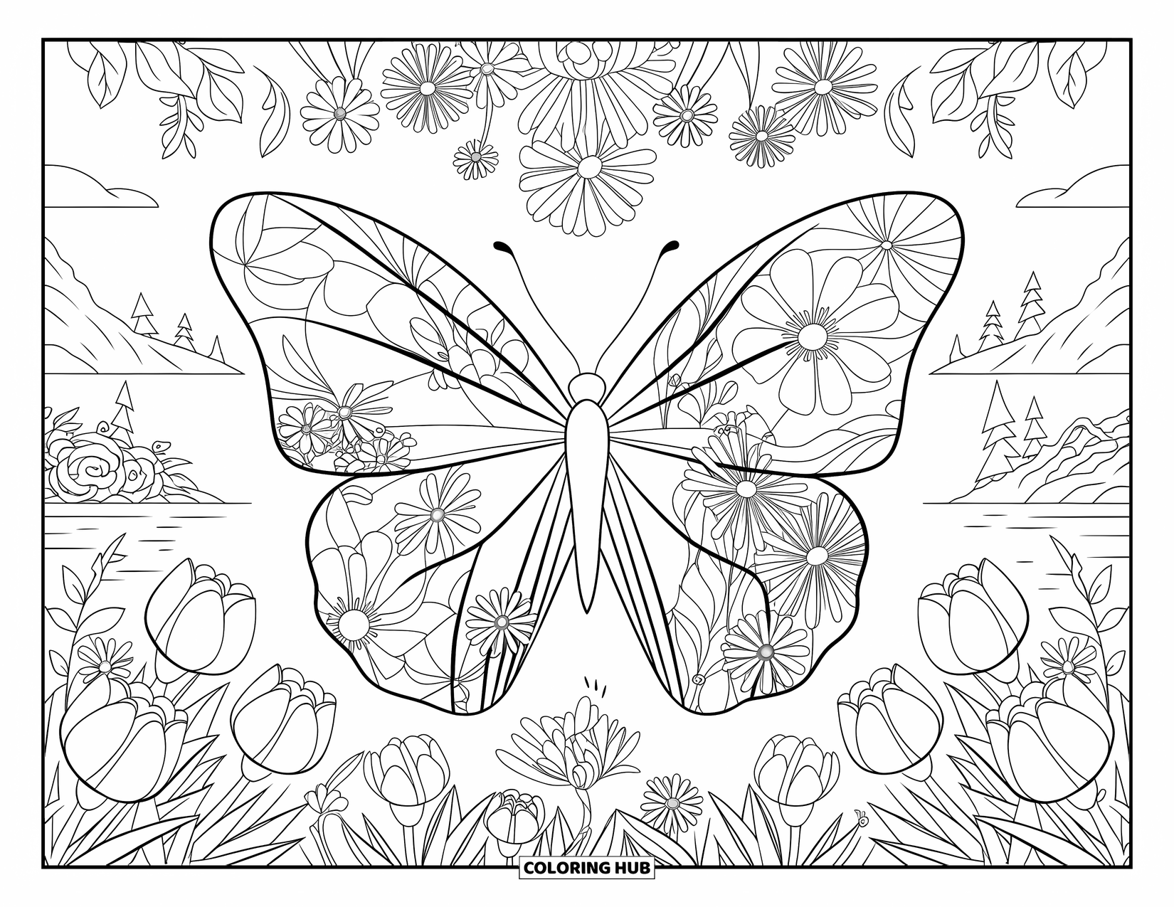 Blumen Ausmalbild für Erwachsene: Ein Schmetterling mit floral gemusterten Flügeln fügt sich nahtlos in einen blühenden Garten ein, der mit verschiedenen Blumen gefüllt ist