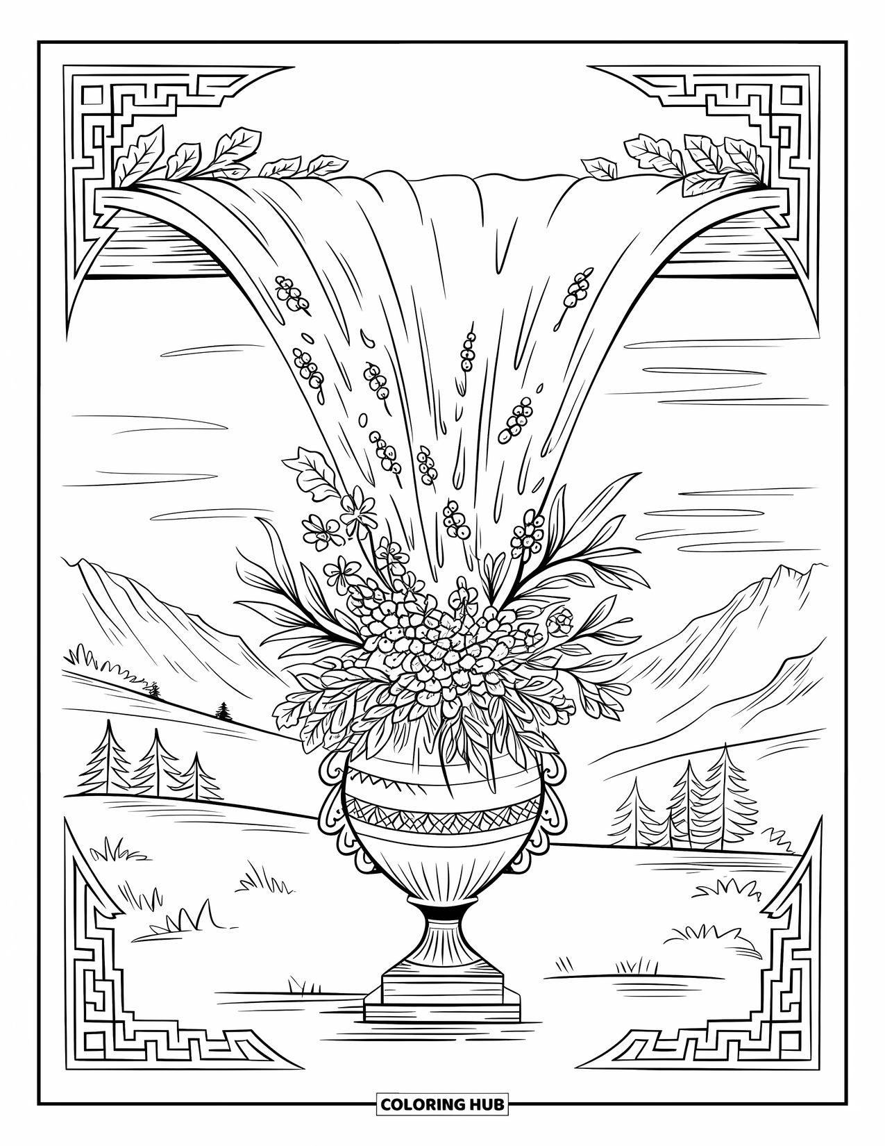 Blumen Ausmalbild für Erwachsene: Ein kaskadierender Wasserfall aus Blumen und Blättern fließt aus einer verzierten Vase auf einen Steinsockel