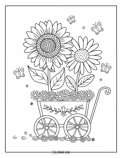 Desenho de flores para colorir para adultos: Um girassol alegre e uma margarida aparecem em um carrinho de flores, com borboletas ao redor