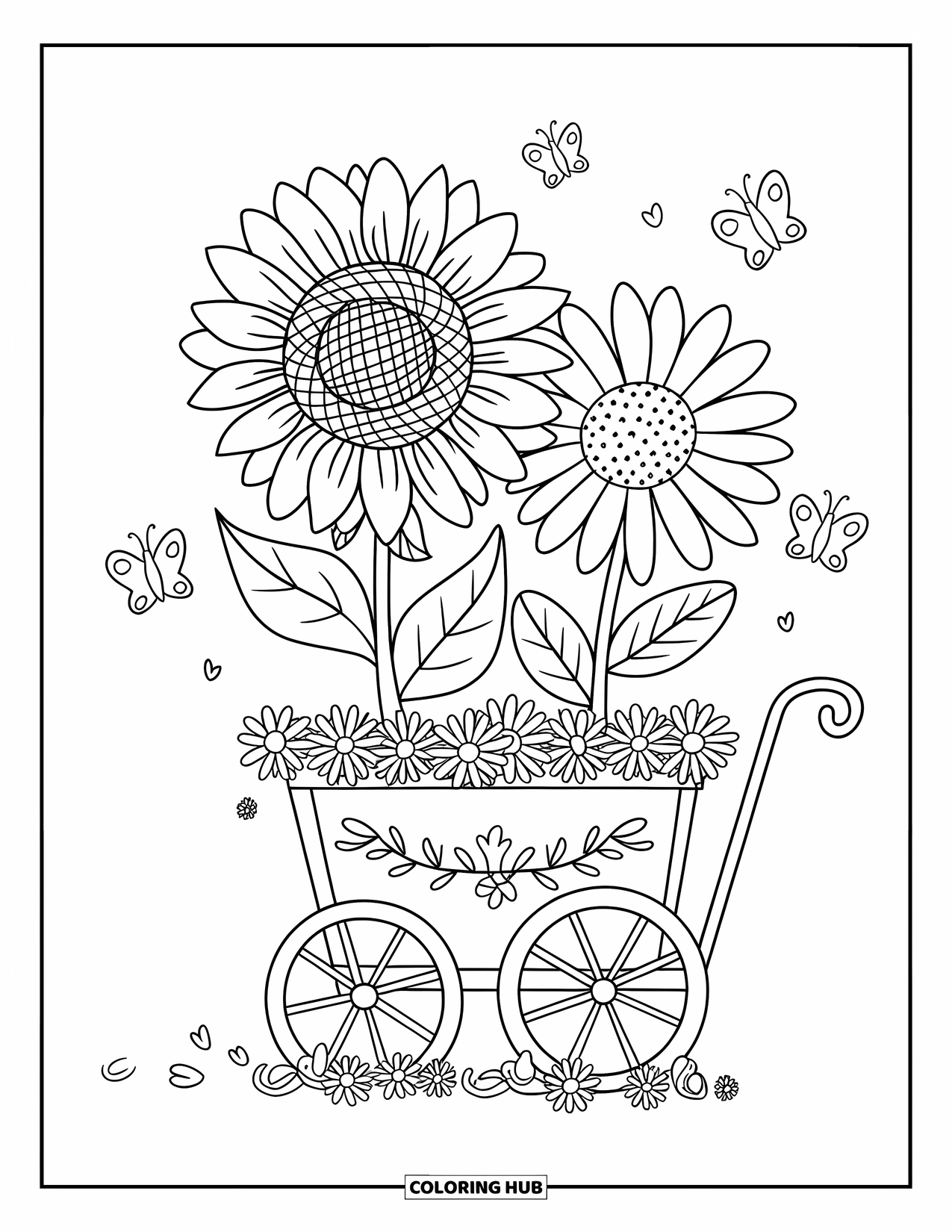 Blumen Ausmalbild für Erwachsene: Eine fröhliche Sonnenblume und ein Gänseblümchen lugen aus einem Blumenwagen hervor, mit Schmetterlingen, die herumflattern