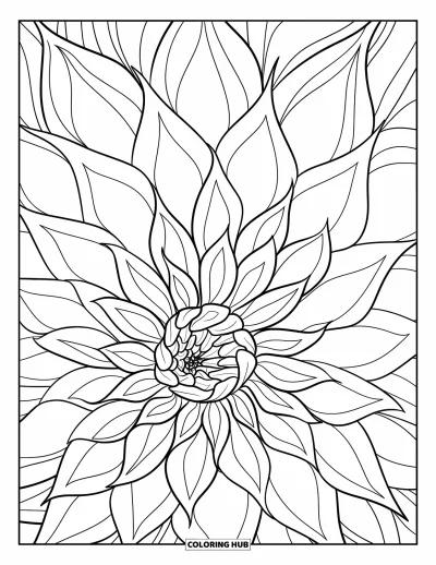 Desenho de flores para colorir para adultos: Um close de dália com arranjo hipnotizante de pétalas e padrão ricamente detalhado