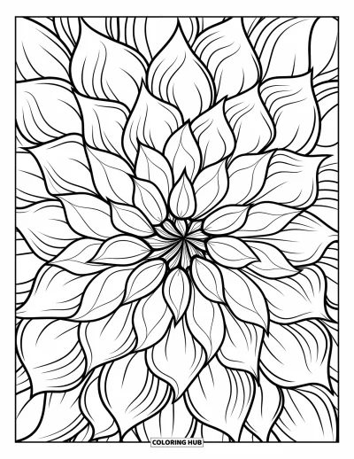 Desenho de flores para colorir para adultos: Um close de dália detalhada com pétalas sobrepostas e hipnotizantes