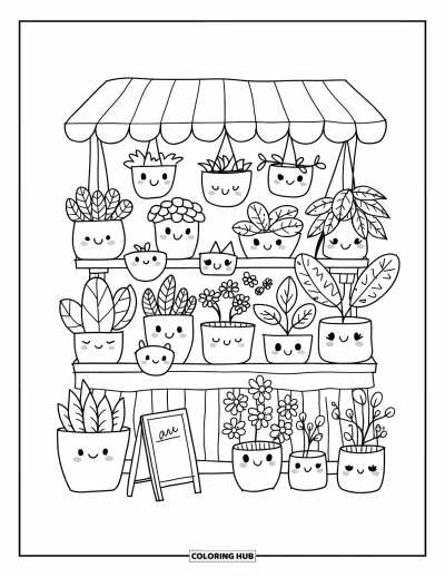 Desenho de flores para colorir para adultos: Uma banquinha de floricultura acolhedora cheia de vasinhos adoráveis, cada um com formas e folhas únicas