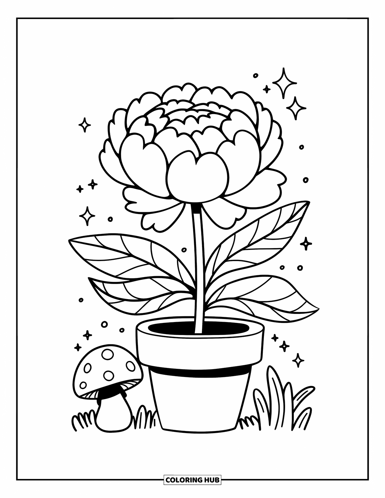 Blumen Ausmalbild für Erwachsene: Eine niedliche Pfingstrose in einem Topf steht neben einem winzigen Pilz, mit verspielten Funkeln, die in der Nähe treiben