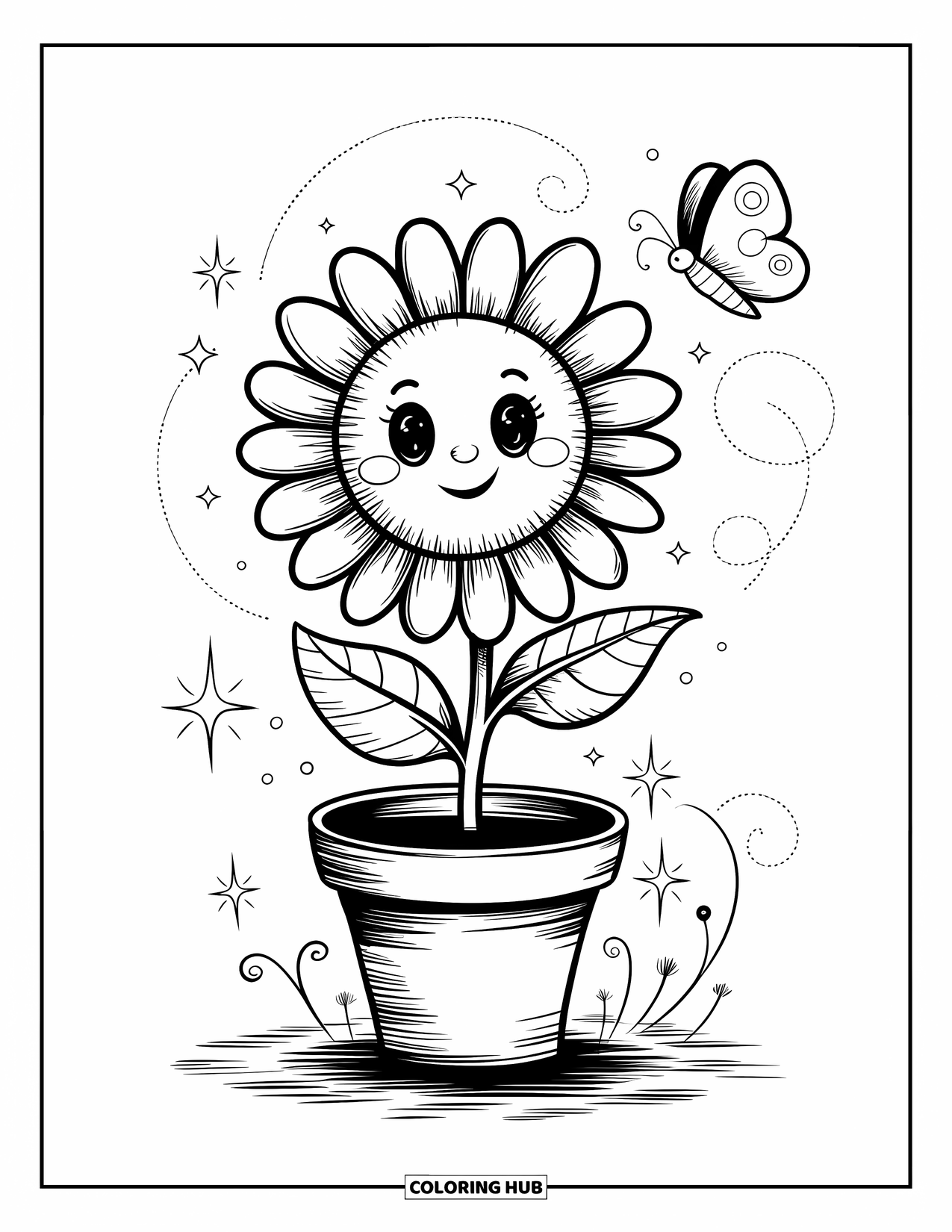 Desenho de flor para colorir para adultos: Um girassol fofo fica em um pequeno vaso, acenando com uma folha enquanto uma borboleta voa ao redor
