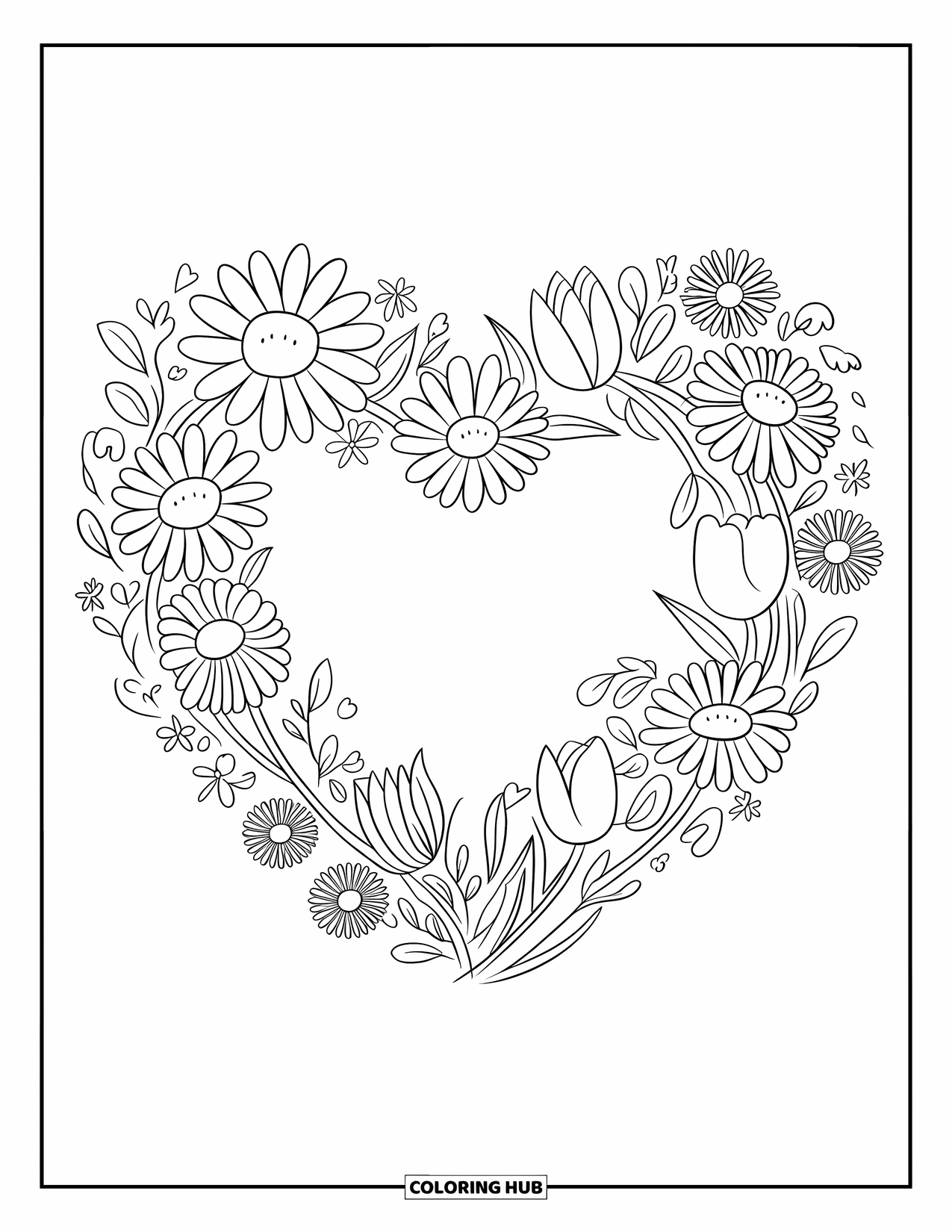 Blumen Ausmalbild für Erwachsene: Ein zarter Blumenkranz in Form eines Herzens, mit Gänseblümchen, Tulpen und winzigen Blättern