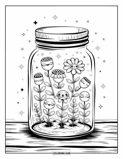 Desenho de flores para colorir para adultos: Um pote encantador com flores flutuantes sobre uma superfície de madeira, cercado por pequenos brilhos