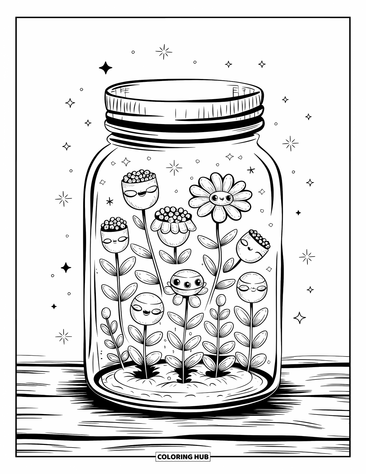 Blumen Ausmalbild für Erwachsene: Ein verträumtes Glas, gefüllt mit schwebenden Blumen, sitzt auf einer Holzoberfläche, umgeben von winzigen Funkeln