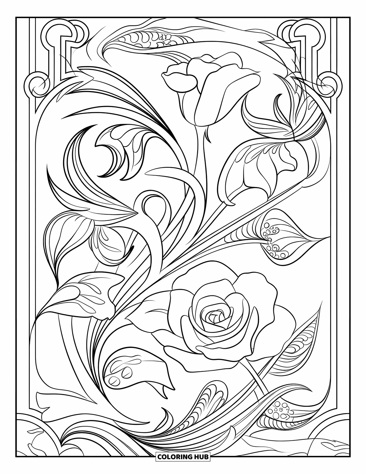 Blumen Ausmalbild für Erwachsene: Ein florales Design, das Jugendstilelemente mit Rosen, gewundenen Ranken und komplizierten geometrischen Mustern verbindet