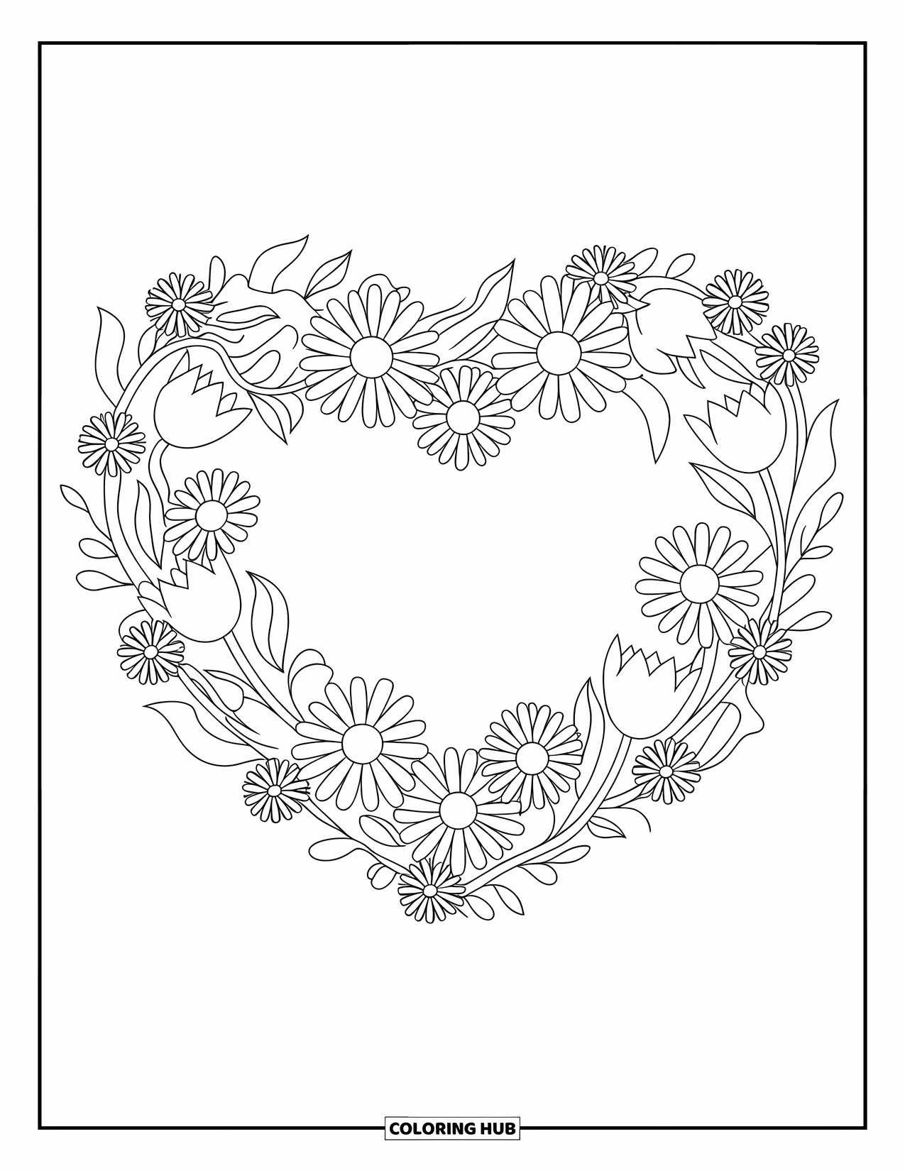 Blumen Ausmalbild für Erwachsene: Ein Blumenherzkranz mit einer Mischung aus Gänseblümchen und Tulpen, entworfen mit einer niedlichen und skurrilen Note
