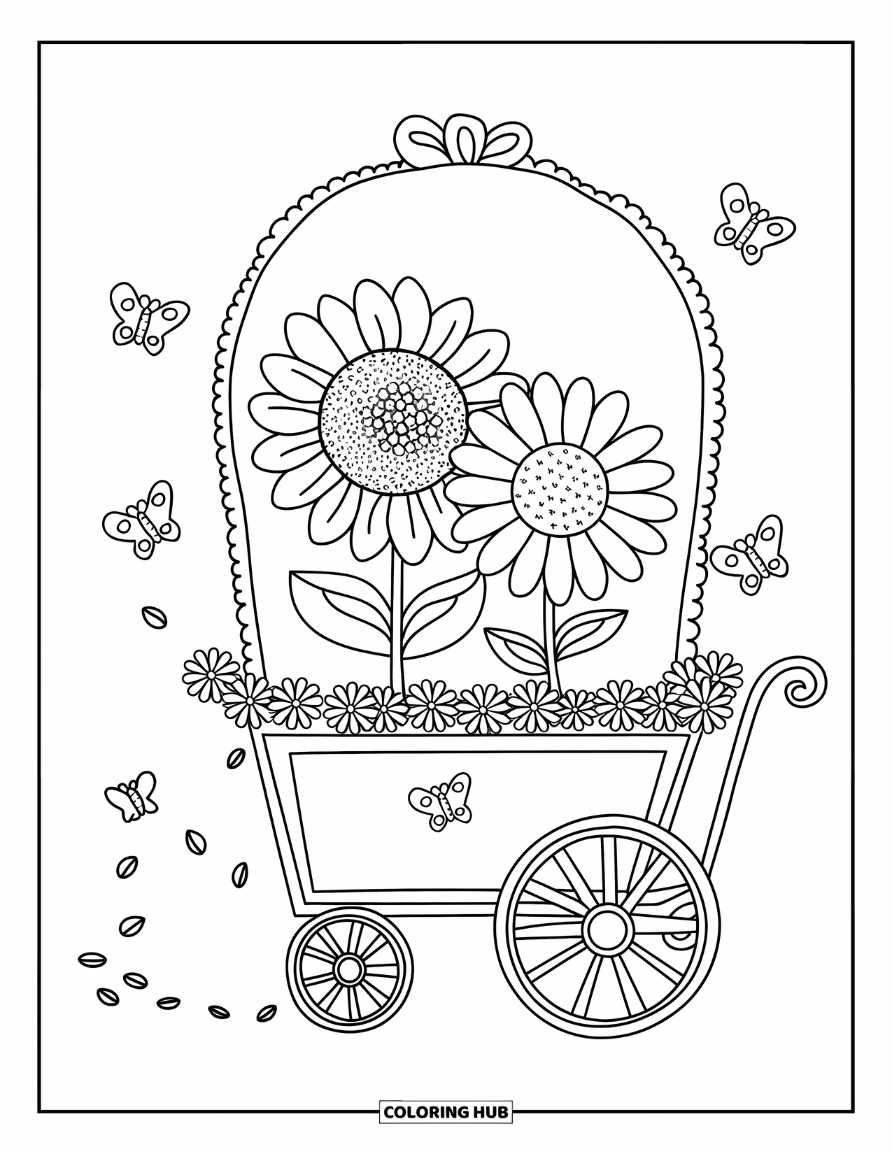 Blumen Ausmalbild für Erwachsene: Ein Blumenwagen trägt eine Sonnenblume und ein Gänseblümchen, mit winzigen Schmetterlingen und einer verspielten Spur von Blütenblättern