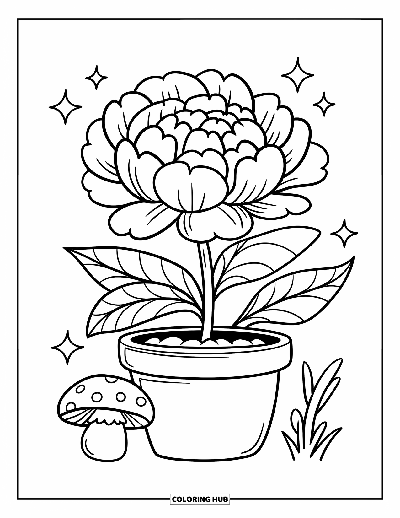 Blumen Ausmalbild für Erwachsene: Eine flauschige Pfingstrose in einem Topf steht neben einem winzigen Pilz, mit Funkeln, die in der Luft schweben