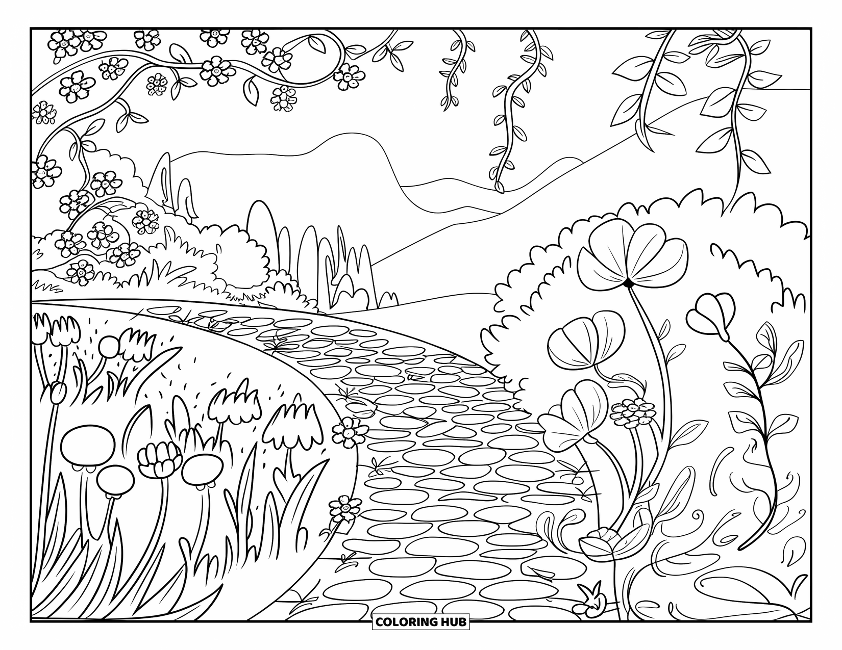 Blumen Ausmalbild für Erwachsene: Ein Gartenpfad, gesäumt von blühenden Blumen und Ranken, windet sich durch eine friedliche Landschaft mit Bergen