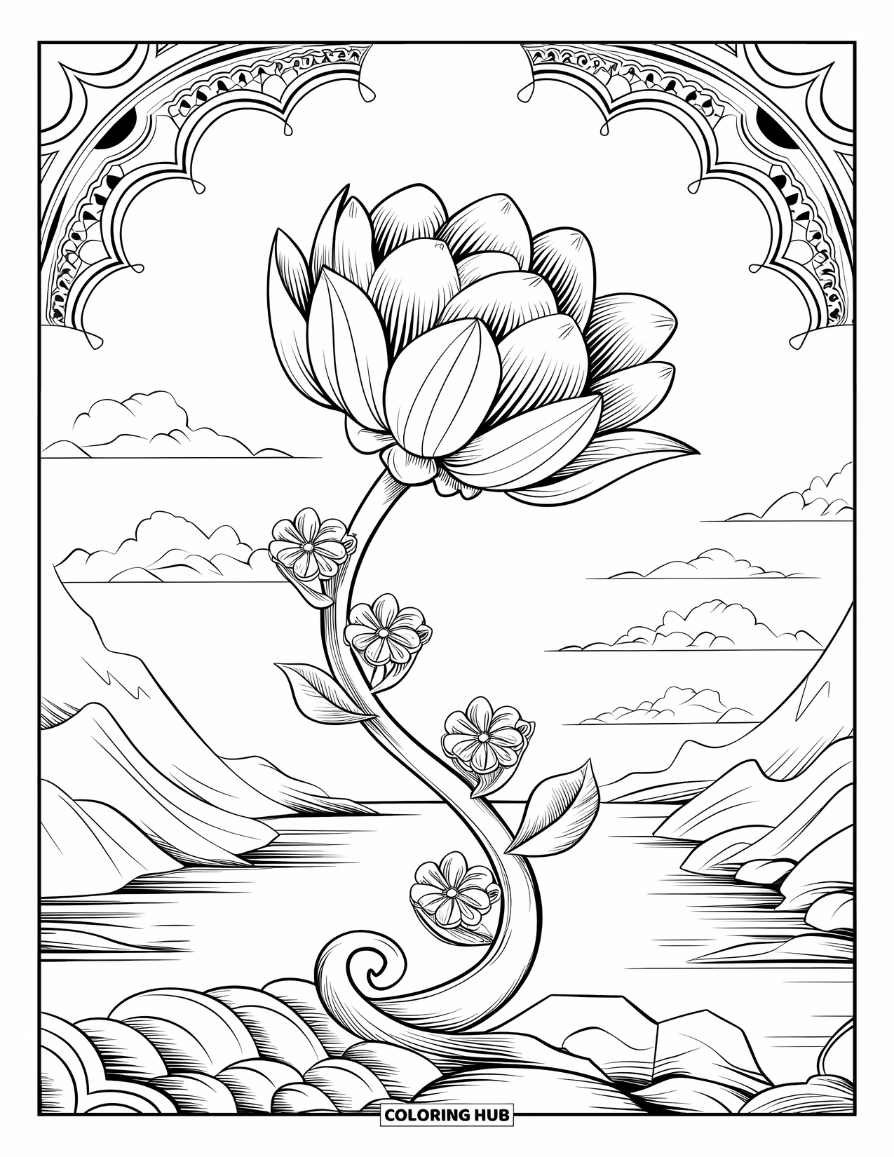 Blumen Ausmalbild für Erwachsene: Eine riesige blühende Blume mit zarten Blütenblättern und gewundenen Ranken vor einer Landschaft aus Bergen und Wasser