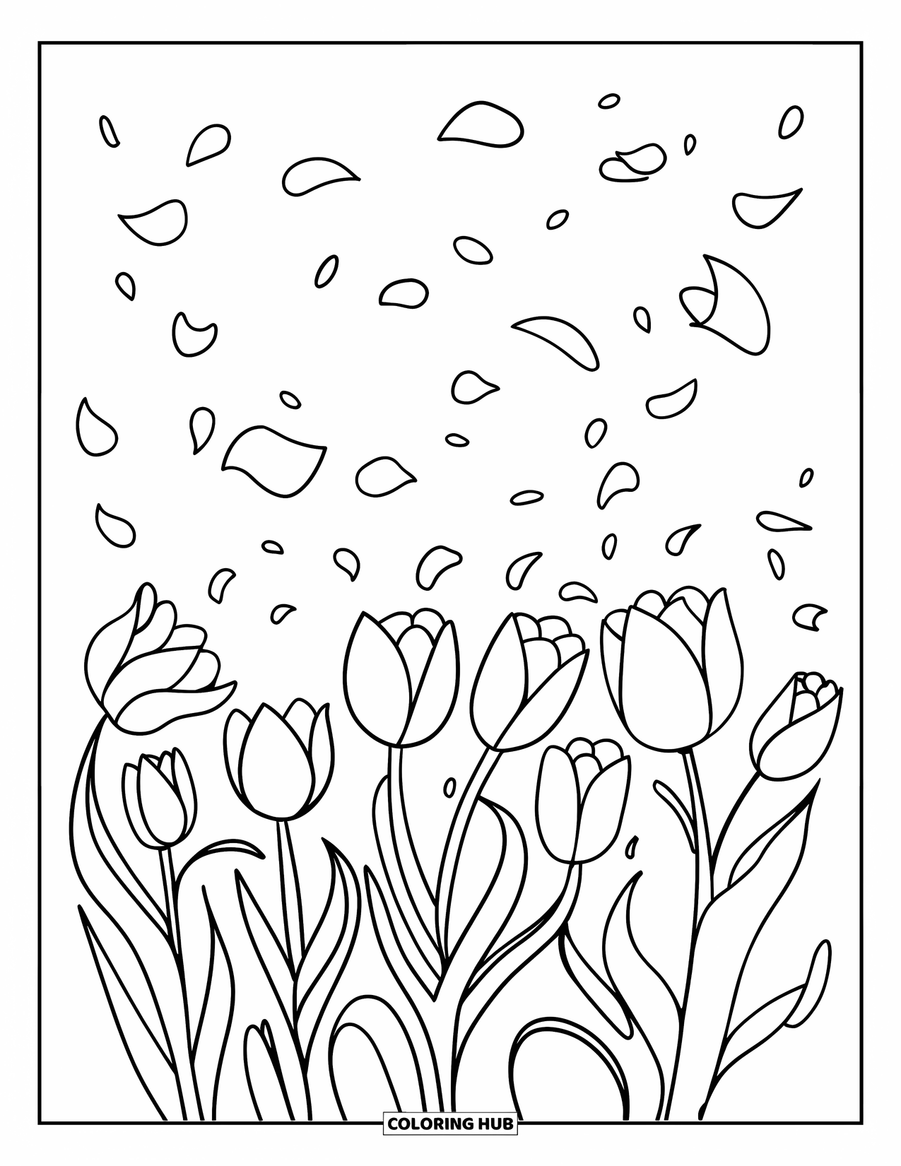 Blumen Ausmalbild für Erwachsene: Eine Gruppe von Tulpen mit gebogenen Stielen hält Händchen, während sie in einer sanften Brise tanzen