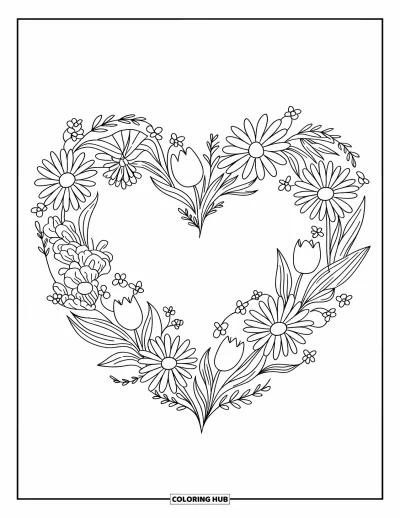 Desenho de flores para colorir para adultos: Uma guirlanda floral em formato de coração feita de margaridas, tulipas e folhinhas em arranjo divertido