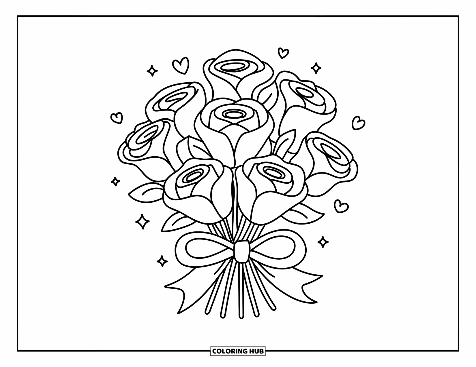 Blumen Ausmalbild für Erwachsene: Ein Kawaii-Strauß flauschiger Rosen, zusammengebunden mit einer Schleife, mit winzigen Herzen und Sternen um ihn herum