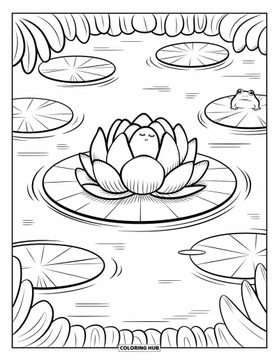 Desenho de flores para colorir para adultos: Uma flor de lótus cochila sobre uma folha de vitória-régia, cercada por ondinhas suaves e um sapinho curioso