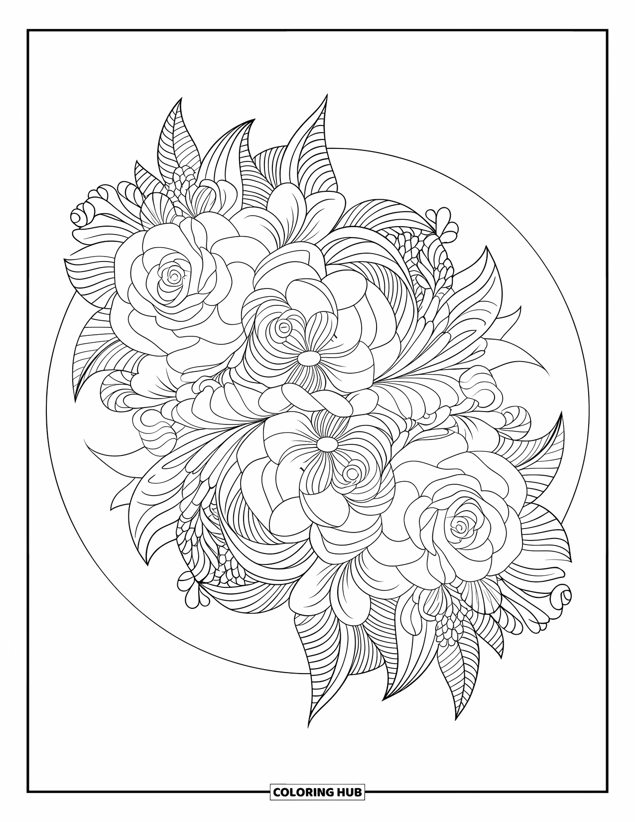 Blumen Ausmalbild für Erwachsene: Eine florale Anordnung im Mandala-Stil mit geschichteten Rosen, Lilien und wirbelnden Ranken in einem kreisförmigen Rahmen