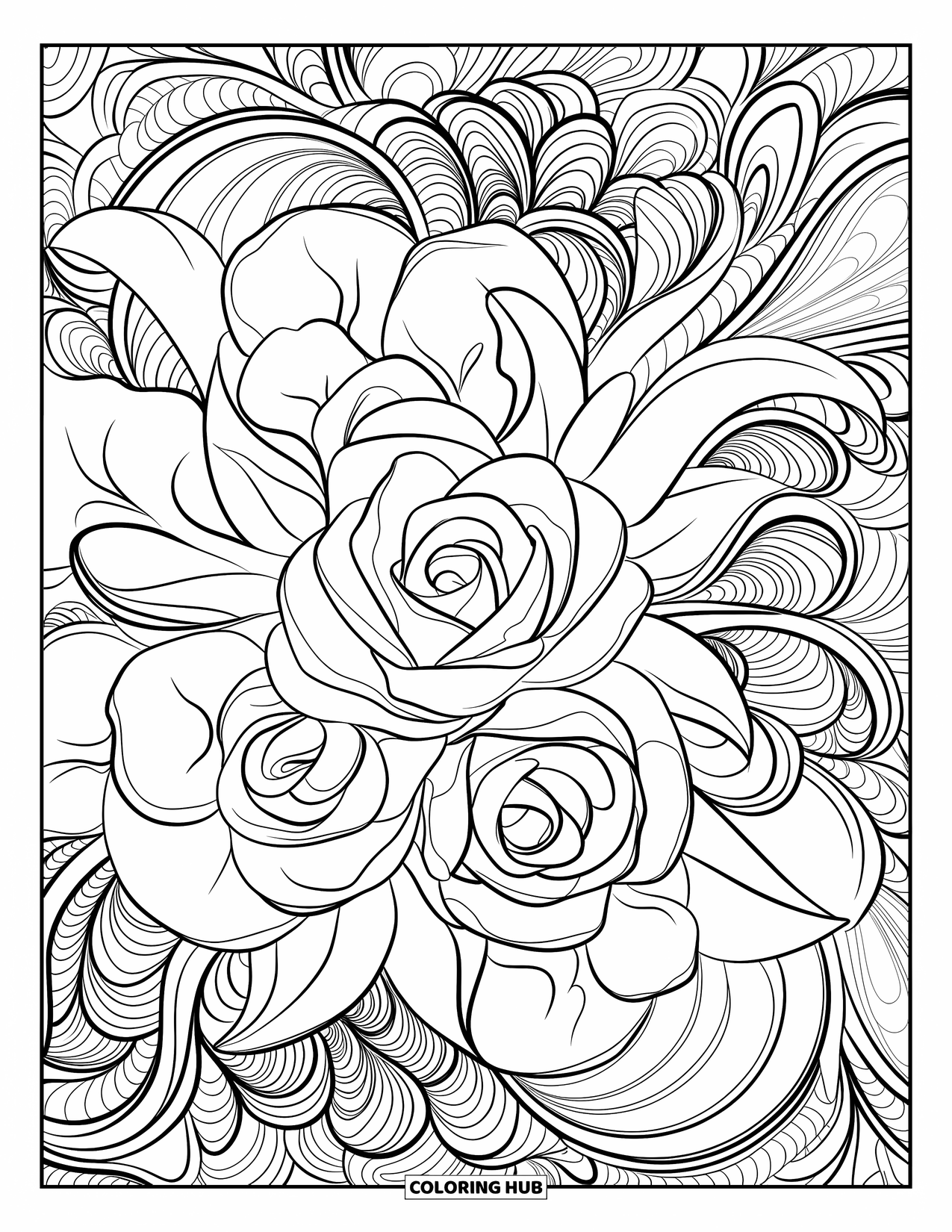 Blumen Ausmalbild für Erwachsene: Eine florale Anordnung im Mandala-Stil mit geschichteten Rosen, Lilien und wirbelnden Ranken in einem komplizierten Design