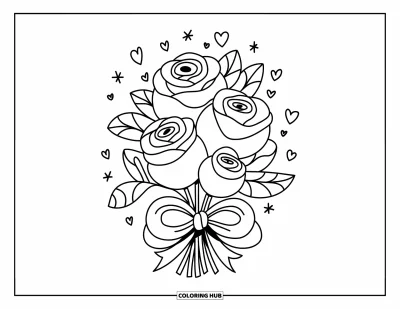 Desenho de flores para colorir para adultos: Um buquê divertido de rosas rechonchudas embrulhado com laço, com corações flutuantes e estrelas cintilantes