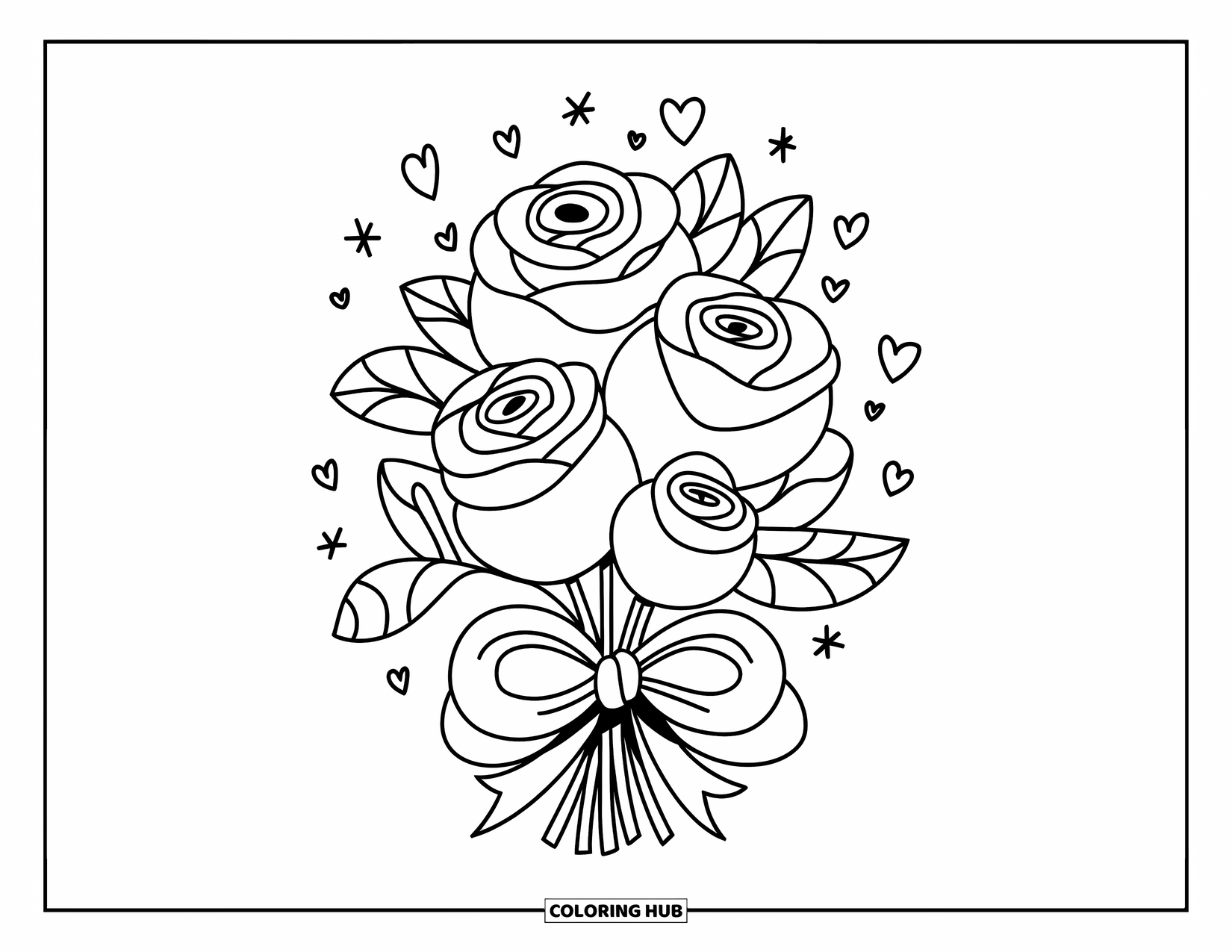 Blumen Ausmalbild für Erwachsene: Ein verspielter Strauß molliger Rosen, umwickelt mit einer Schleife, mit schwebenden Herzen und funkelnden Sternen