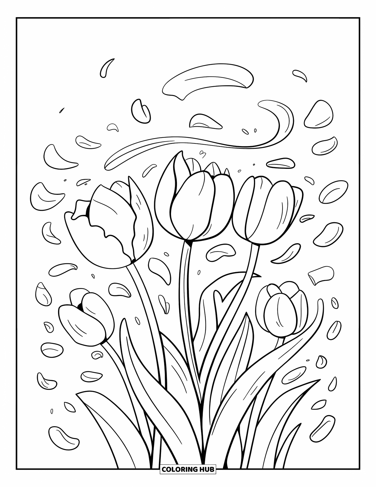 Blumen Ausmalbild für Erwachsene: Eine verspielte Gruppe von Tulpen hält Händchen und wirbelt in der Brise, während Blütenblätter um sie herumwirbeln
