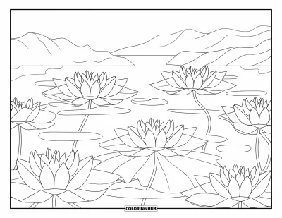 Desenho de flores para colorir para adultos: Uma cena serena de flores de lótus flutuando em águas calmas sob um amplo céu de montanha