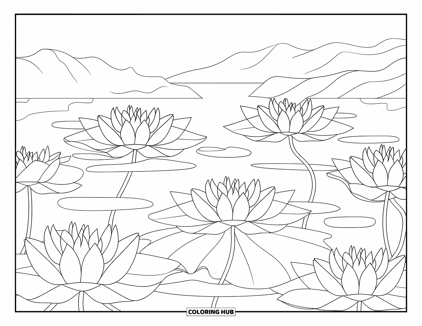Blumen Ausmalbild für Erwachsene: Eine heitere Szene schwebender Lotusblumen auf ruhigem Wasser unter einem weiten Berghimmel