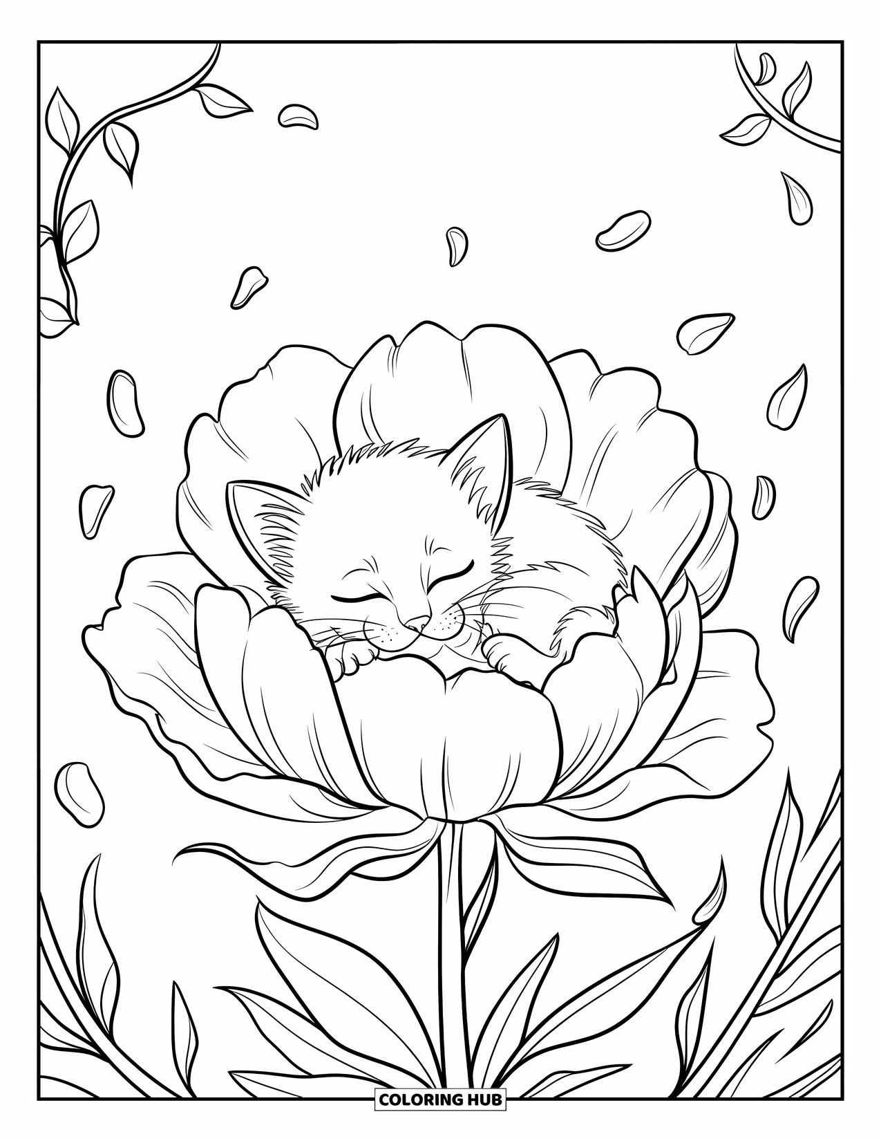 Desenho de flor para colorir para adultos: Um gatinho dormindo está aninhado em uma peônia, com pétalas delicadas caindo suavemente ao redor