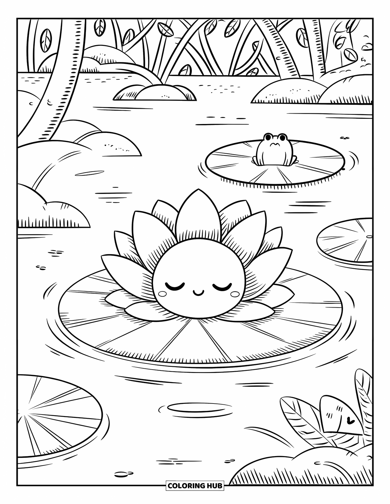 Blumen Ausmalbild für Erwachsene: Eine schläfrige Lotusblume schwimmt in einem ruhigen Teich, mit einem winzigen Frosch, der aus der Ferne zusieht