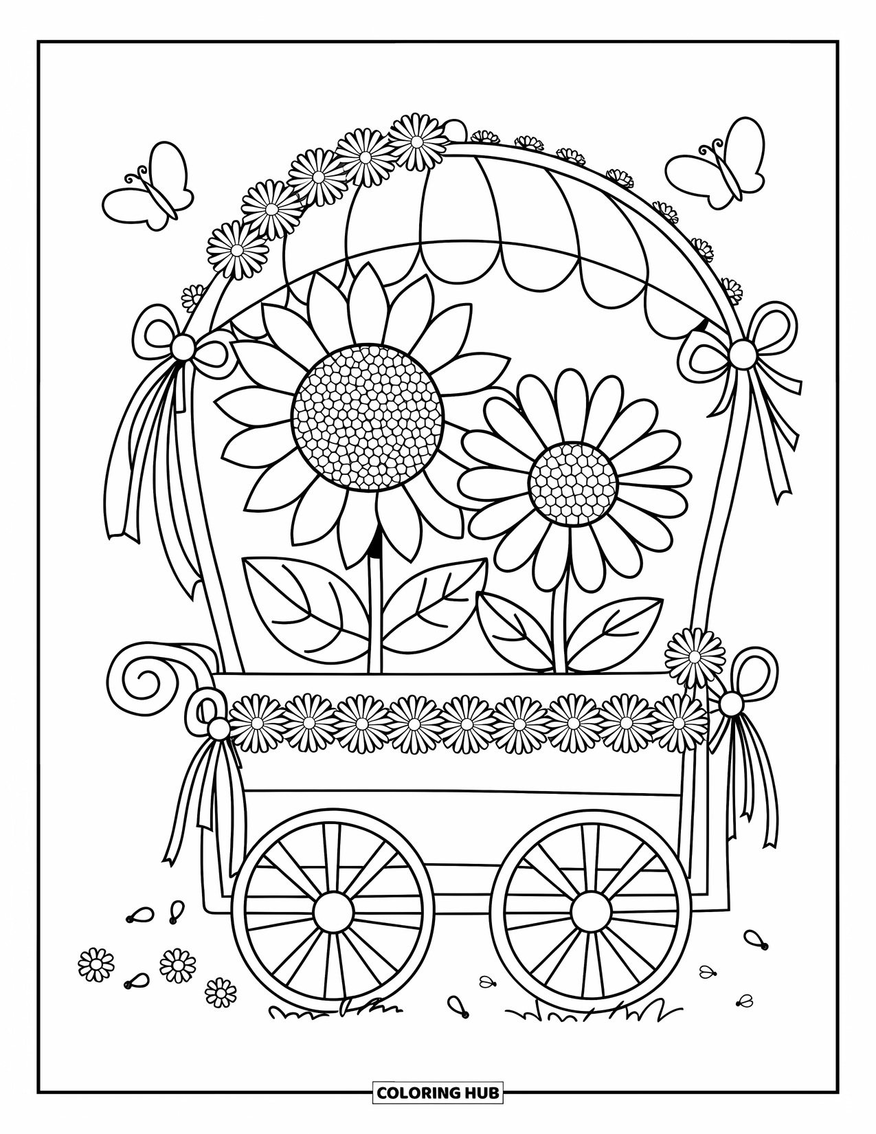 Blumen Ausmalbild für Erwachsene: Eine Sonnenblume und ein Gänseblümchen sitzen in einem dekorativen Blumenwagen, umgeben von winzigen Schmetterlingen