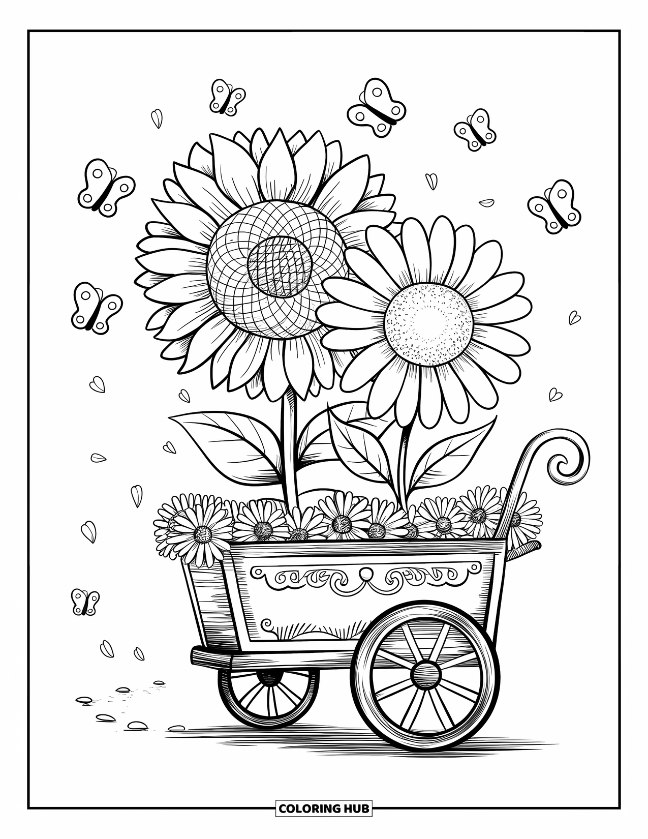 Blumen Ausmalbild für Erwachsene: Eine Sonnenblume und ein Gänseblümchen ruhen in einem Blumenwagen mit einem Korb und einem Rad, umgeben von tanzenden Schmetterlingen