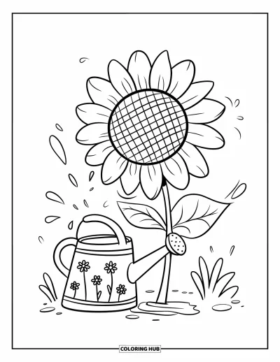Desenho de flores para colorir para adultos: Um girassol usando laço ao lado de um regador decorado, com gotinhas de água espirrando