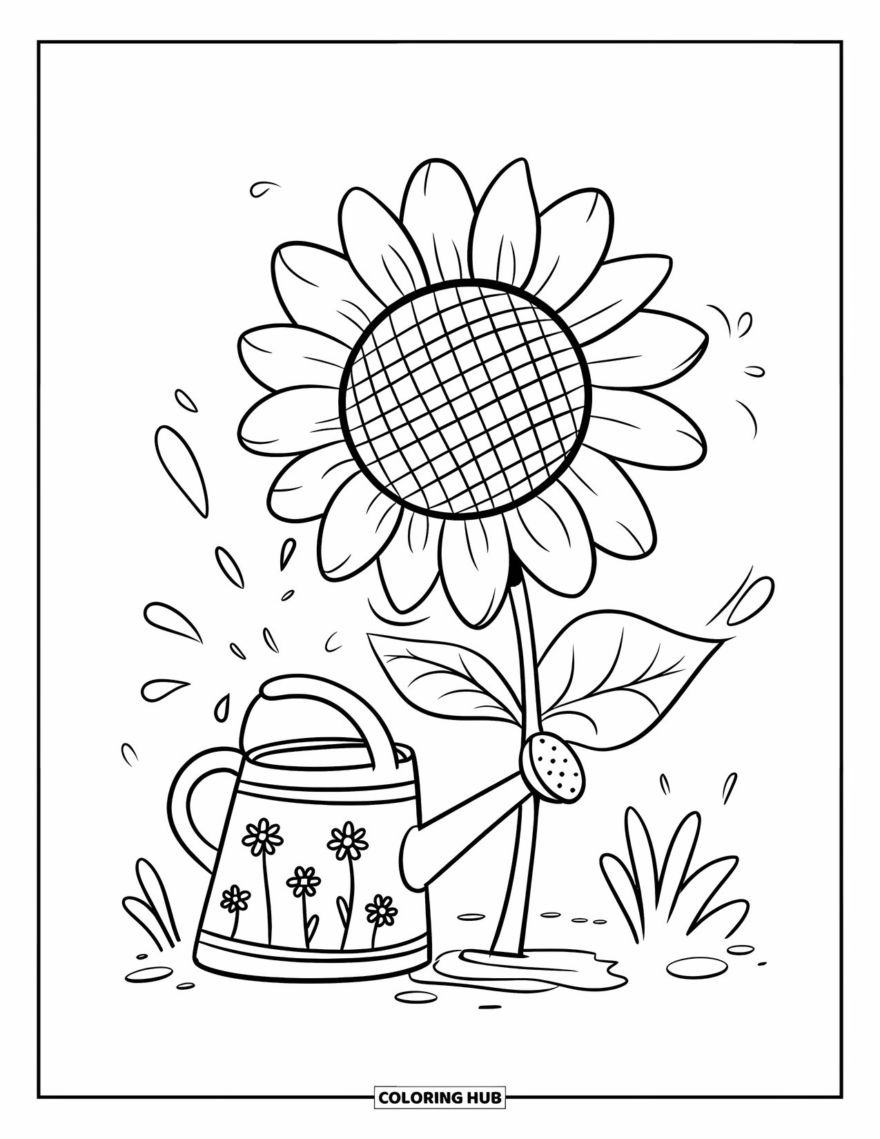 Blumen Ausmalbild für Erwachsene: Eine Sonnenblume mit einer Schleife ruht neben einer verzierten Gießkanne, mit Wassertropfen, die spritzen