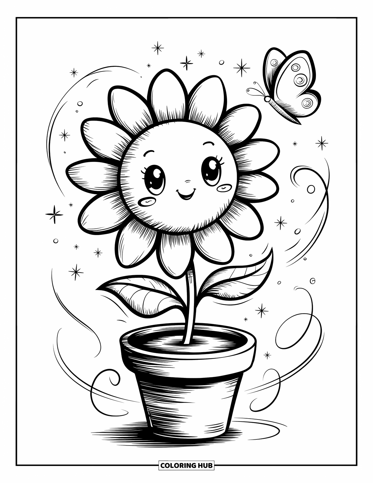 Blumen Ausmalbild für Erwachsene: Eine Sonnenblume mit prallen Blütenblättern und einem winzigen Topf winkt fröhlich, umgeben von Funkeln und Wirbeln