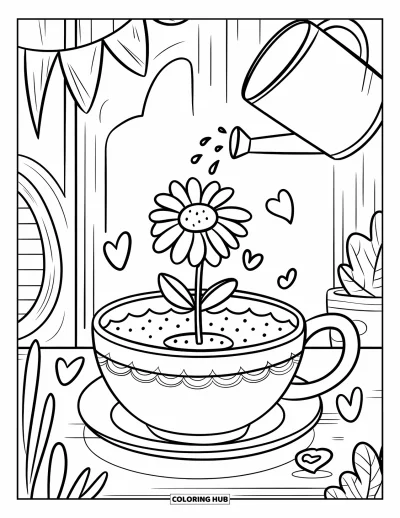 Desenho de flores para colorir para adultos: Um vaso em forma de xícara abriga uma margarida alegre enquanto um regador borrifa água suavemente