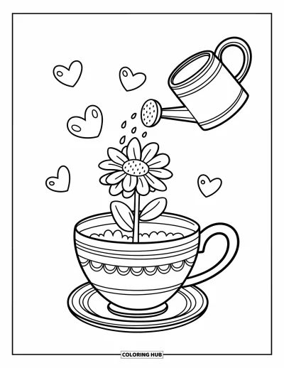 Desenho de flores para colorir para adultos: Um vaso em forma de xícara com margarida e pétalas em formato de coração caindo, enquanto um regador borrifa água