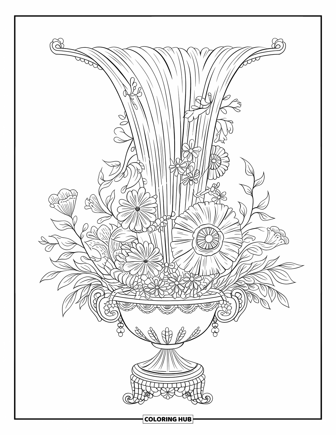 Blumen Ausmalbild für Erwachsene: Ein Wasserfall aus Blumen und Blättern ergießt sich aus einer verzierten Vase, die auf einem dekorativen Sockel steht